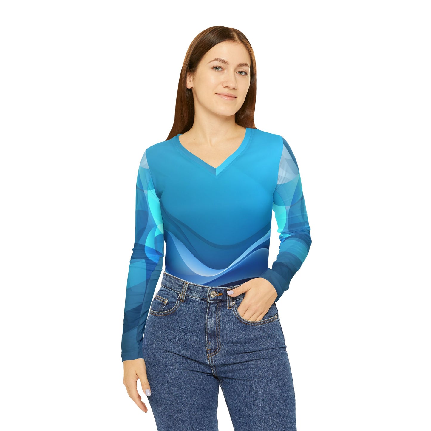 Women's Long Sleeve V-neck Shirt  Blue Blend (AOP)