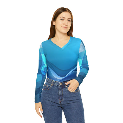 Women's Long Sleeve V-neck Shirt  Blue Blend (AOP)